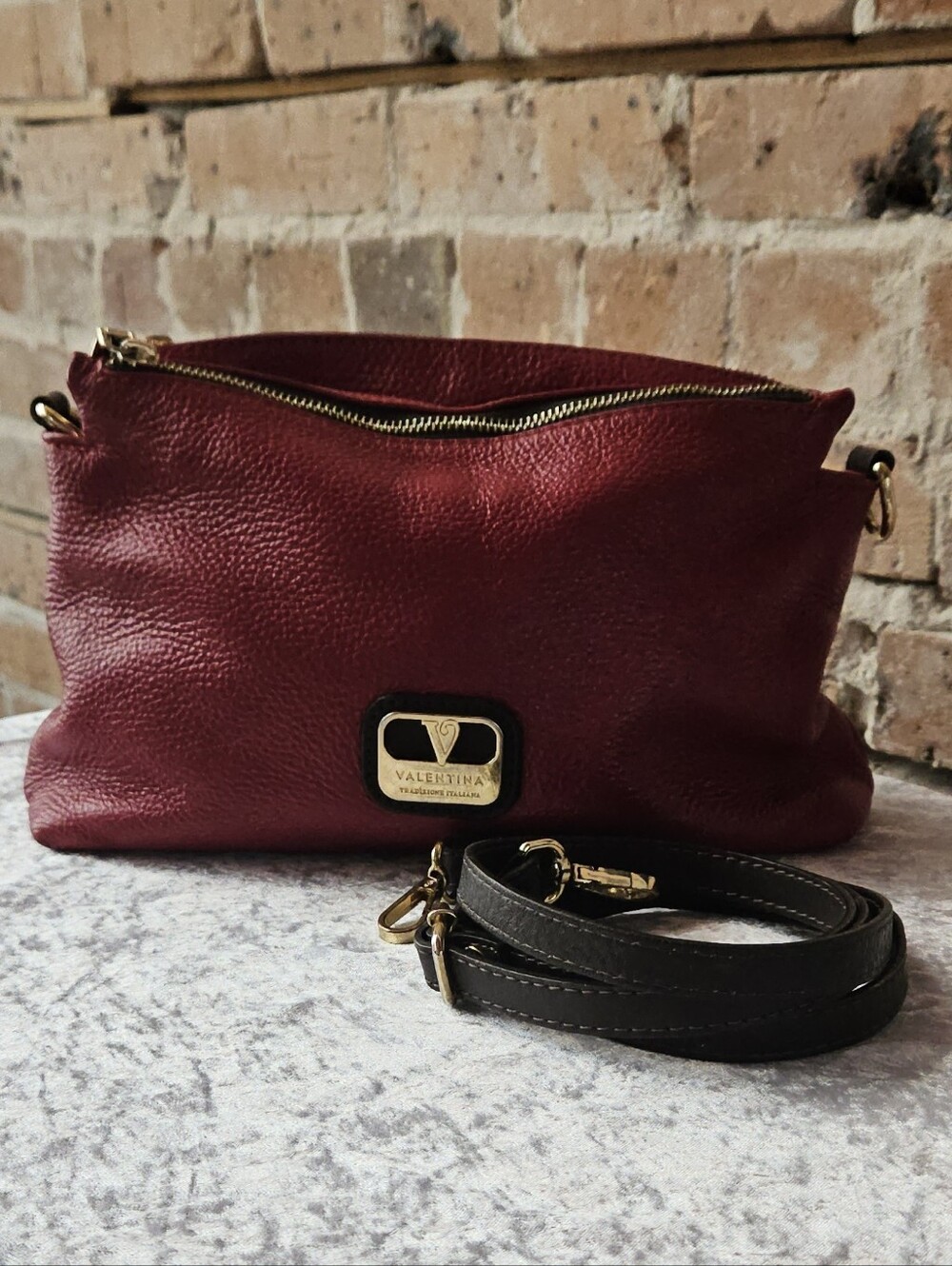 Valentina Red Pebble Grained Leather Triple Entry Crossbody Bag